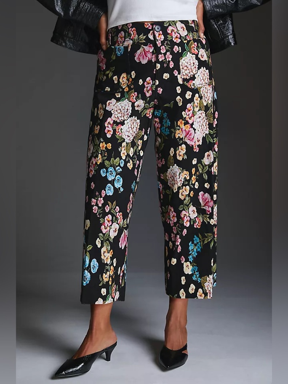 Anthropologie Maeve Colette Floral Cropped Wide Leg Pants Black Botanical 26 EUC